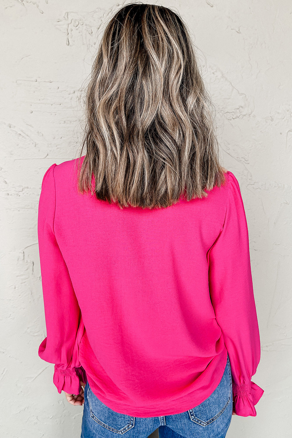 Rose Red Solid Colour Shirred Cuff Notch V Neck Blouse eAura