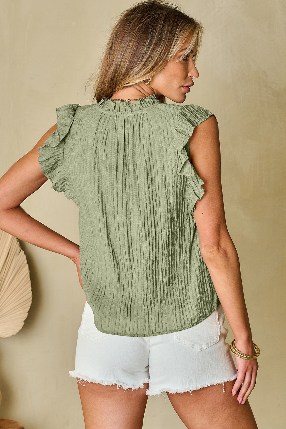 Meadow Mist Green V Neck Flutter Sleeve Textured Blouse eAura