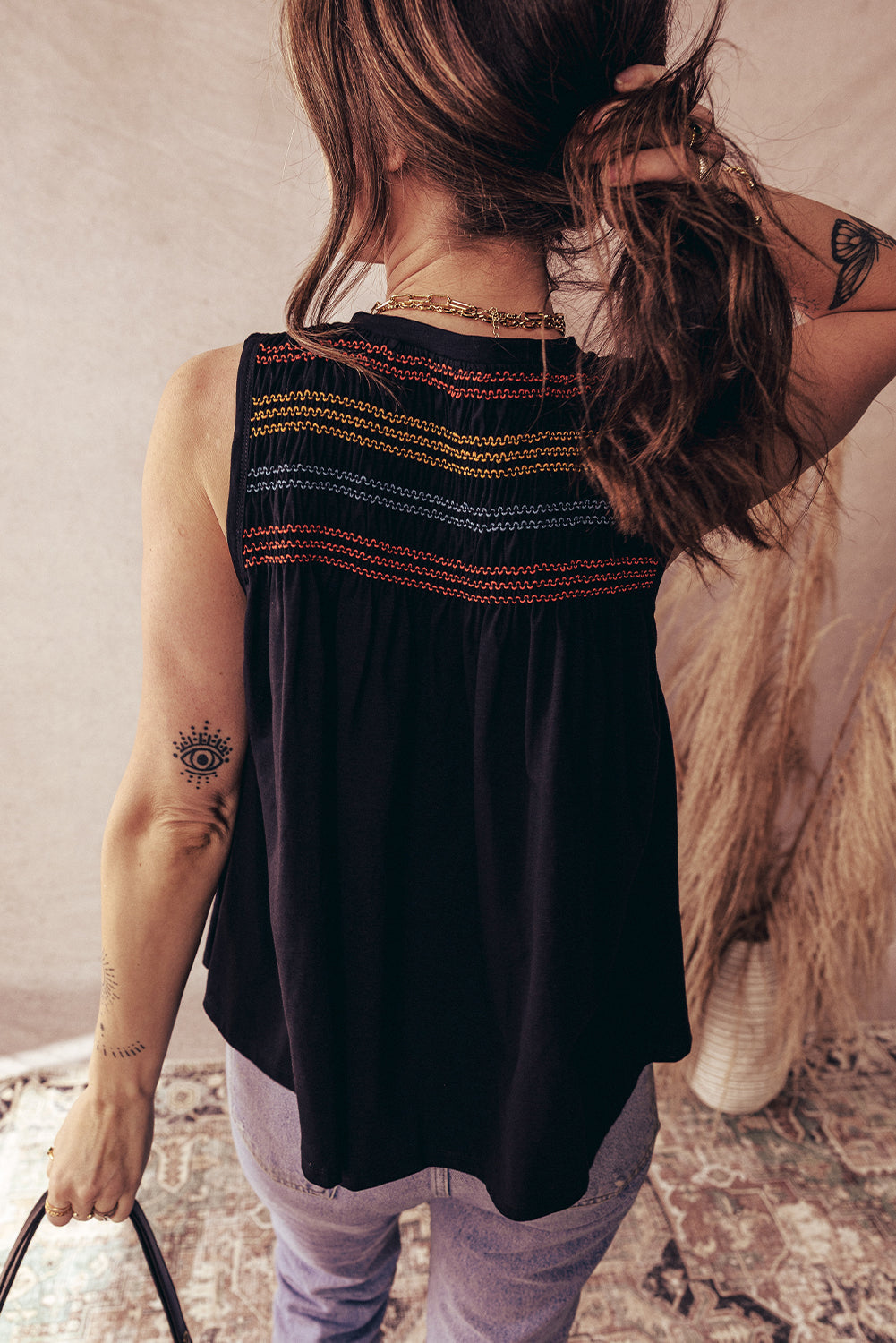 Black Shirred Yoke Notched V-Neck Tank Top eAura