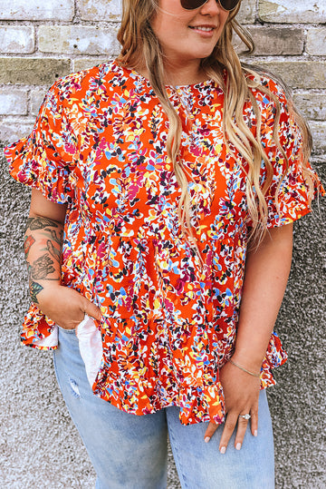 Orange Floral Printed Ruffle Sleeve Curvy Babydoll Blouse BB Fashion Outlet
