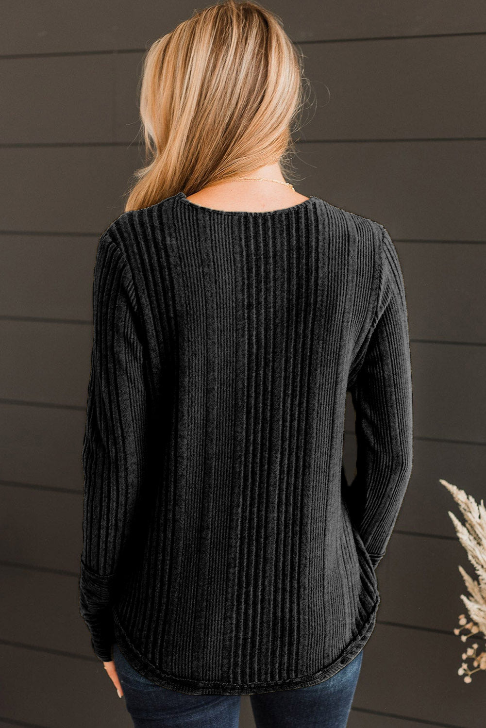 Black V Neck Buttoned Ribbed Knit Top eAura