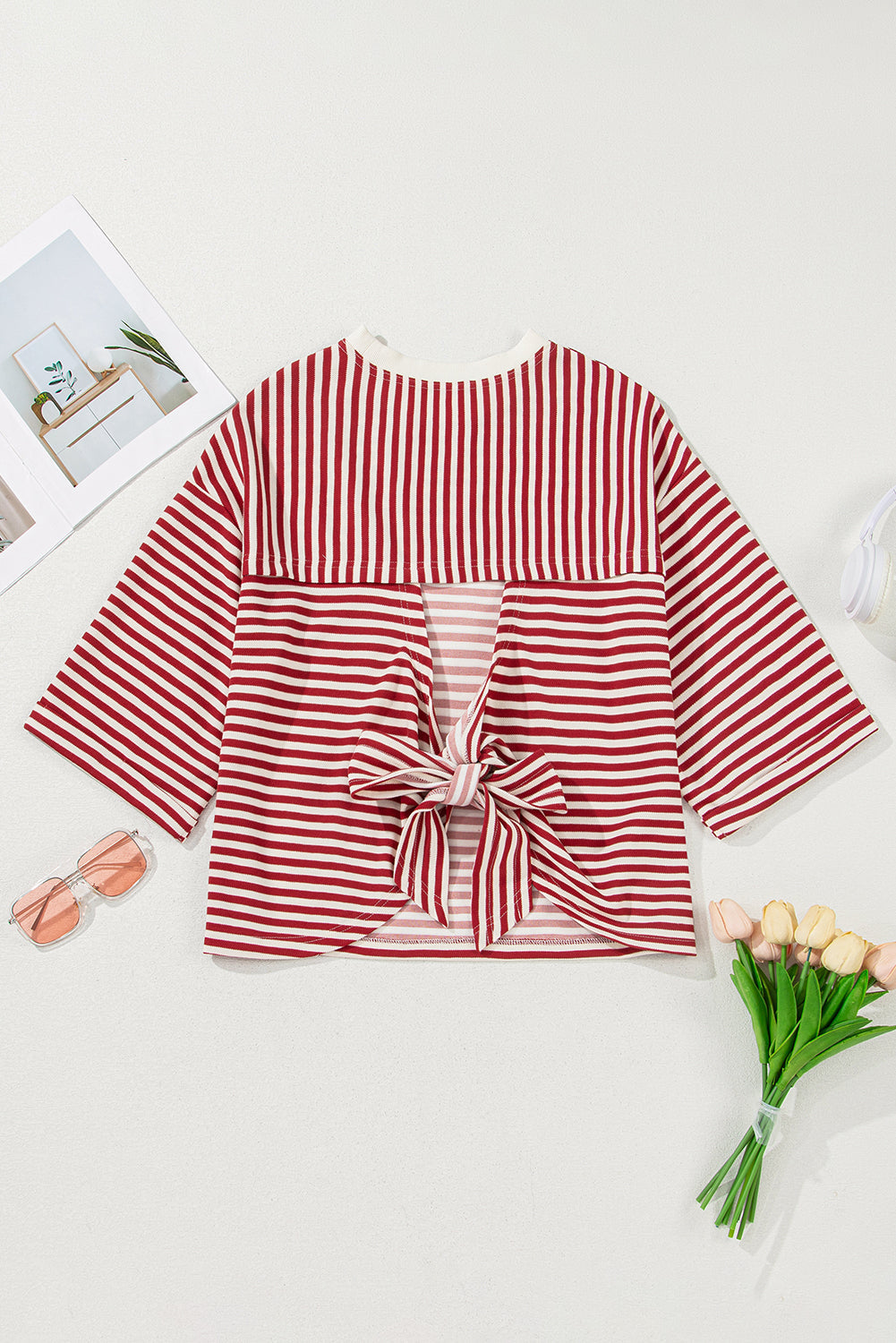 Black Stripe Bowknot Cutout Back Drop Shoulder Wide Bracelet Sleeve Loose Tee eAura