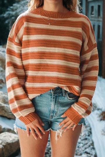 Orange Stripe Ribbed Trim Drop Shoulder Sweater Dear-Lover Dropshipping