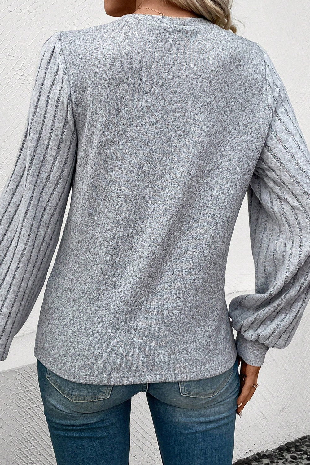 Grey Contrast Ribbed Bishop Sleeve Top eAura
