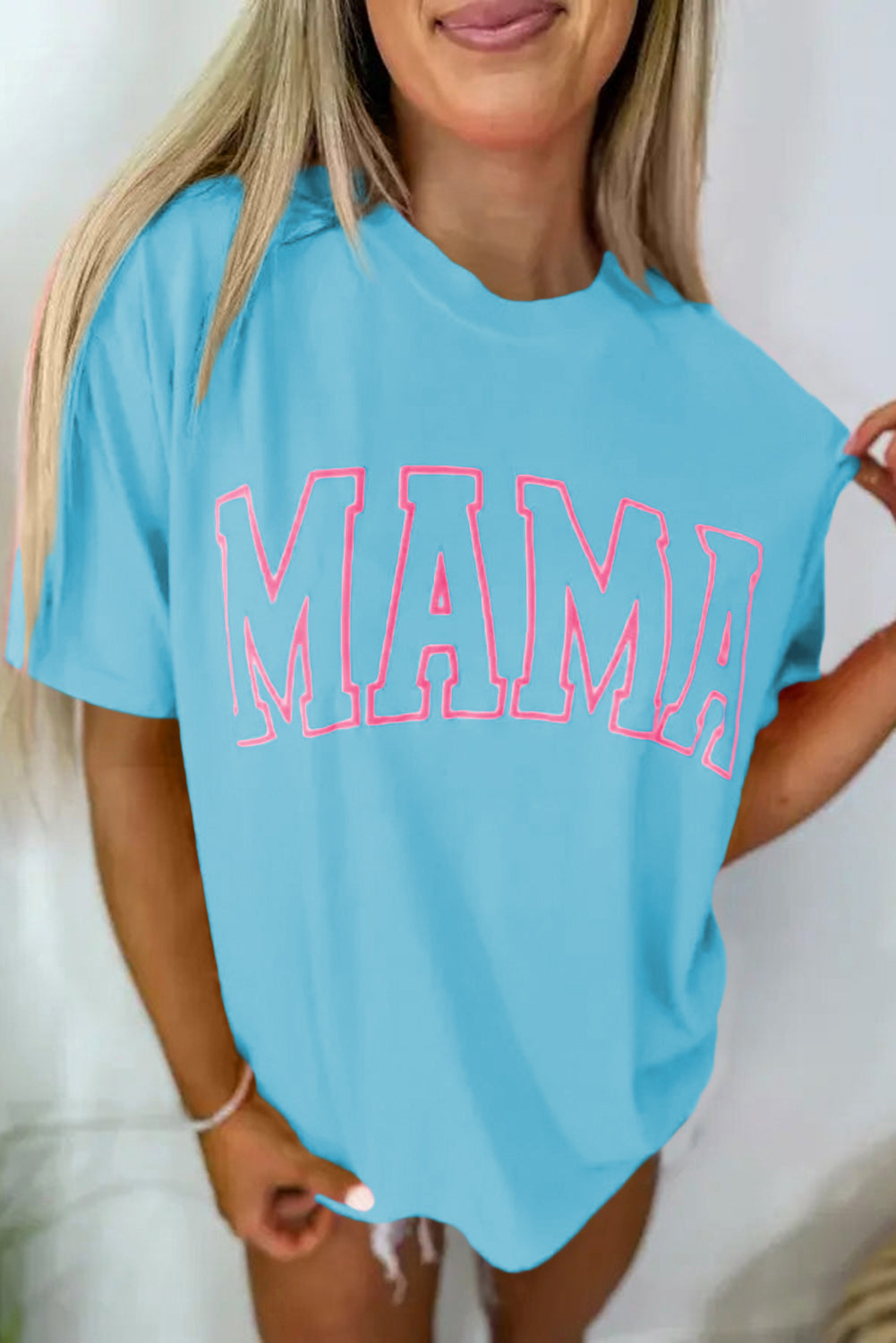Light Blue MAMA Letter Graphic Neon T Shirt eAura