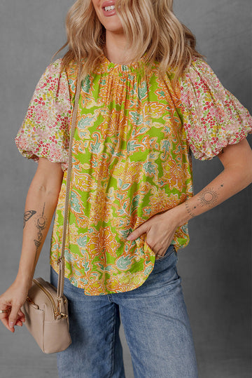 Paisley Print Contrast Bubble Sleeve Patchwork Blouse eAura