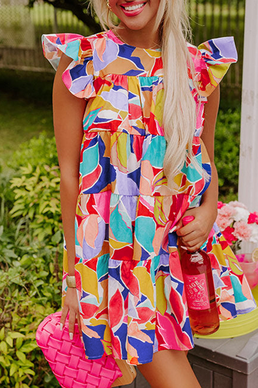 Pink Abstract Printed Ruffled Flutter Sleeve Tiered Mini Dress eAura