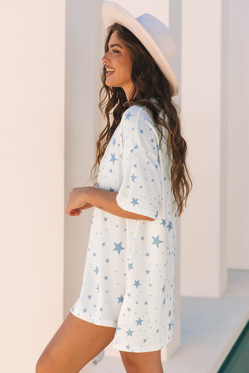 Blue Stars Print Drop Shoulder Oversized T Shirt with Slits eAura