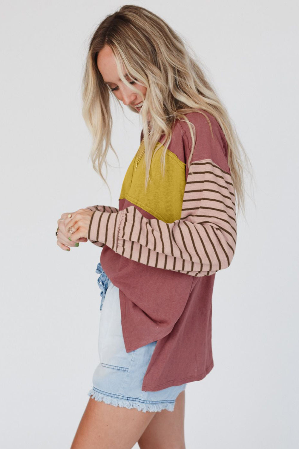Fiery Red Colourblock Striped Bishop Sleeve Top eAura