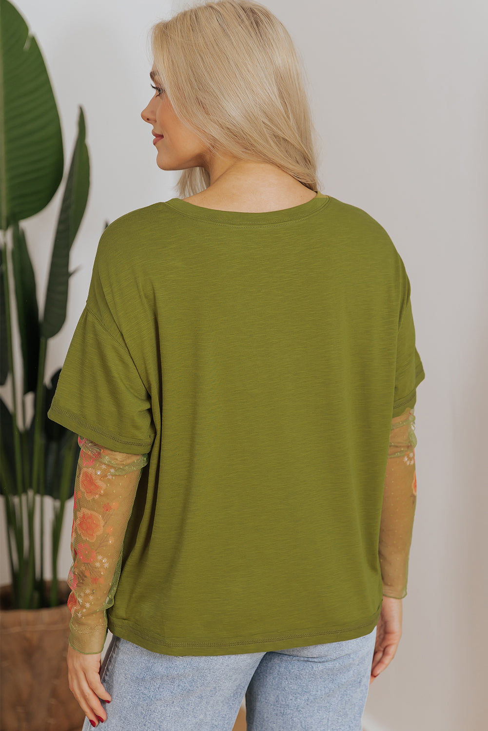 Fern Green Faux Two Piece Floral Long Sleeve Patchwork Tee eAura