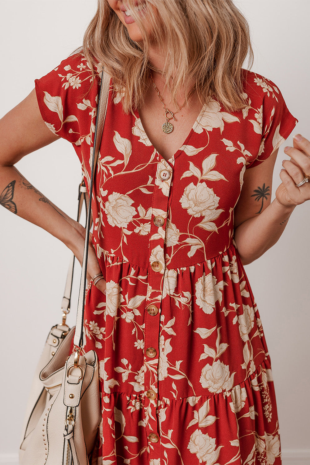 Red Floral Print Buttoned Front V Neck Tiered Short Sleeve Maxi Dress eAura