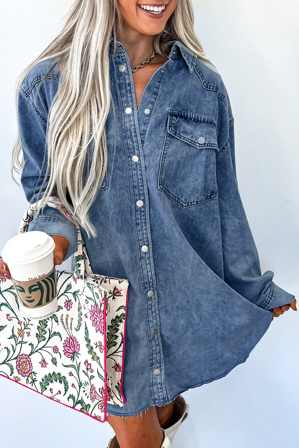 Beau Blue Chest Pocket Raw Hem Denim Baggy Shirt Dress - eAura