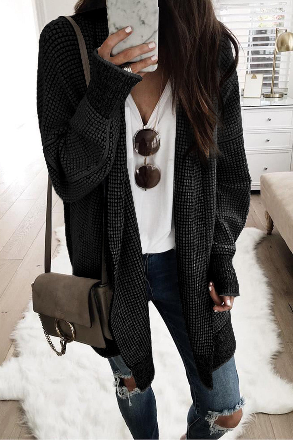 Apricot Plaid Knitted Long Open Front Cardigan eAura