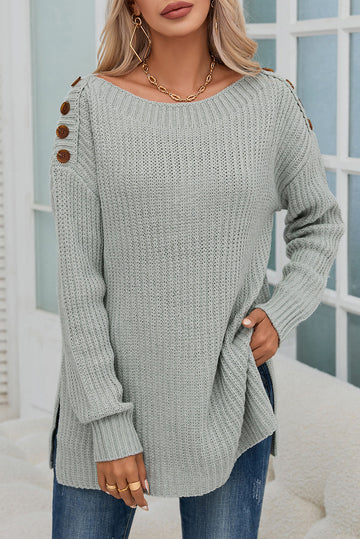 Grey Buttoned Drop Shoulder Oversized Sweater eAura