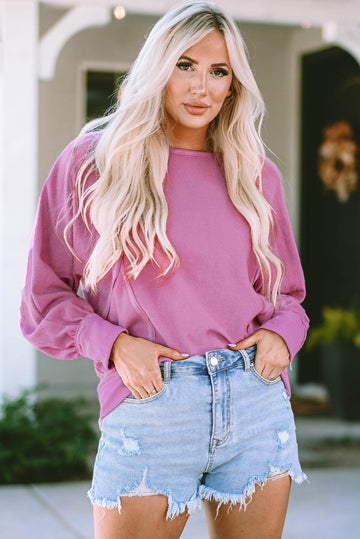 Pink Exposed Seam Round Neck Terry Pullover eAura