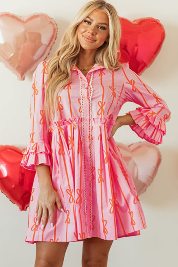Pink Bowknot Striped Printed Tiered Ruffled Mini Shirt Dress eAura