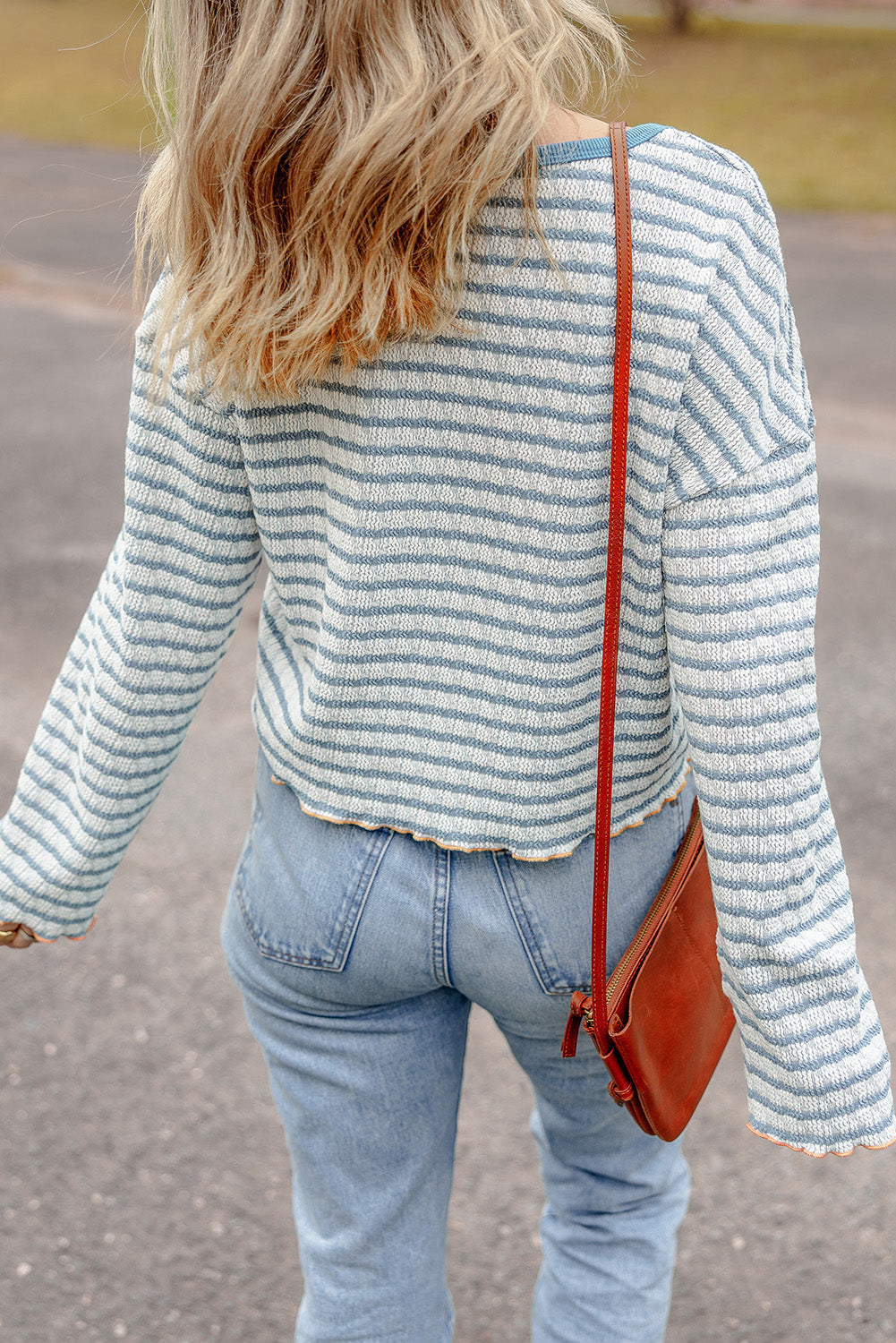 Sky Blue Stripe Textured Frilly Trim Buttons Henley Long Sleeve Top eAura