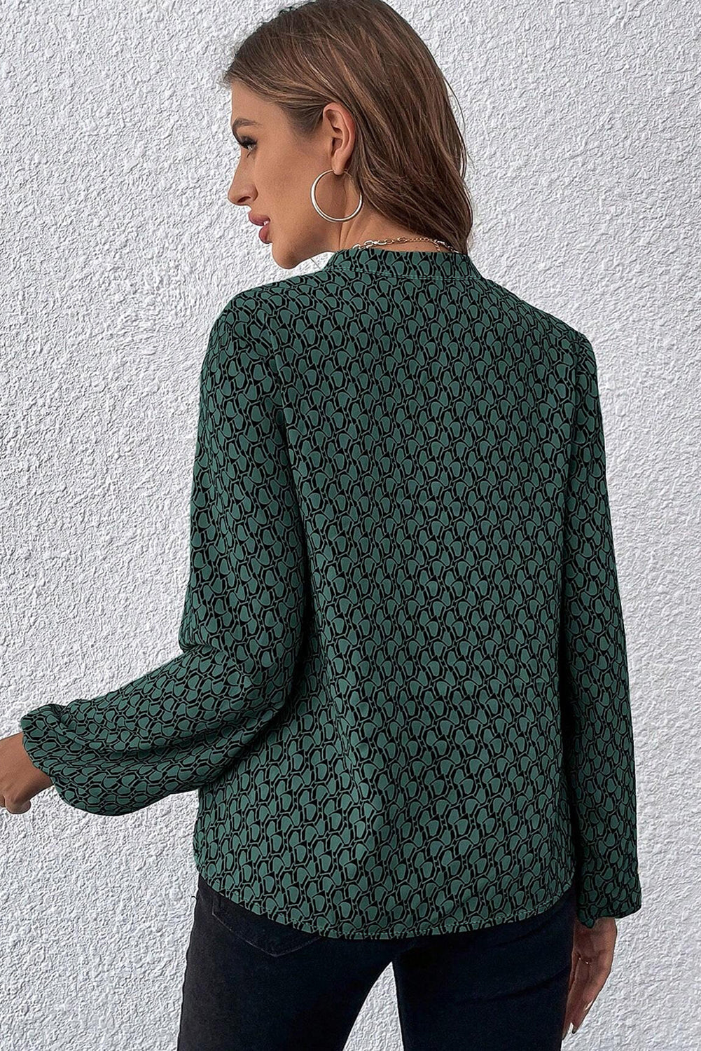 Green Geometric Print Notched Neck Puff Sleeve Blouse eAura