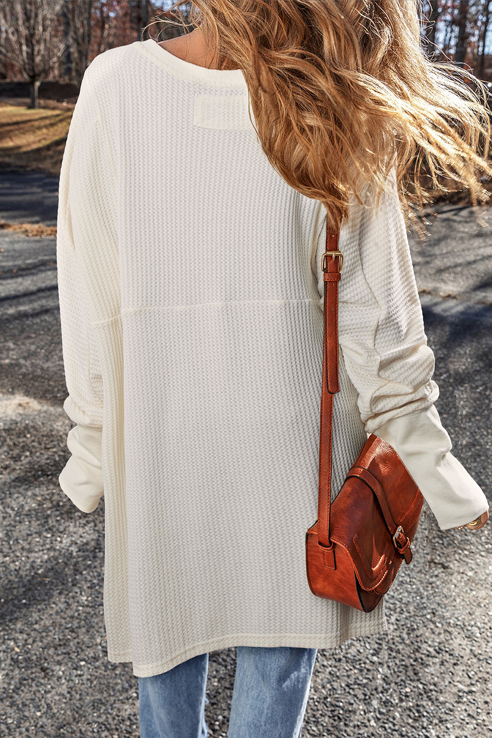 White Waffle Knit Exposed Seam V Neck Oversized Top eAura