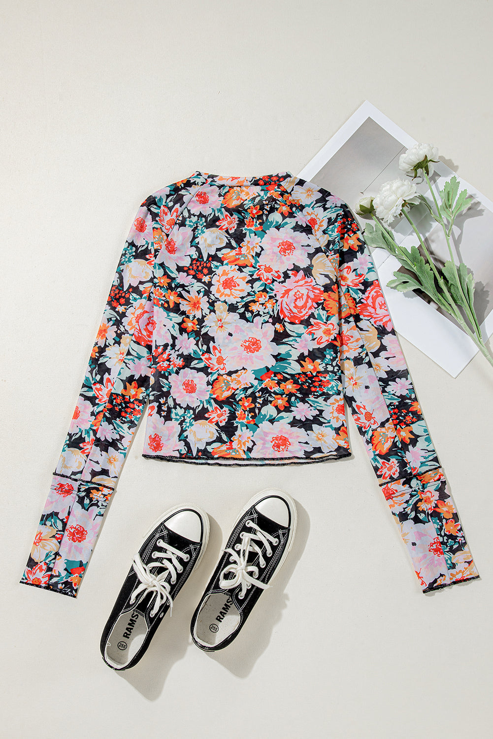 Orange Floral Mesh Slim Long Sleeve Crop Top eAura