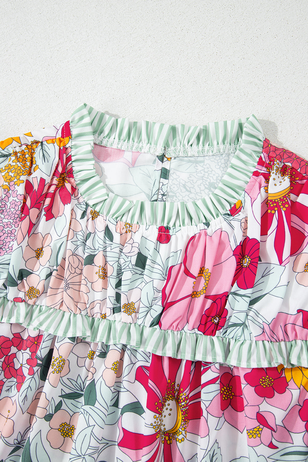 Pink Floral Print Contrast Ruffle Trim Short Sleeve Blouse eAura