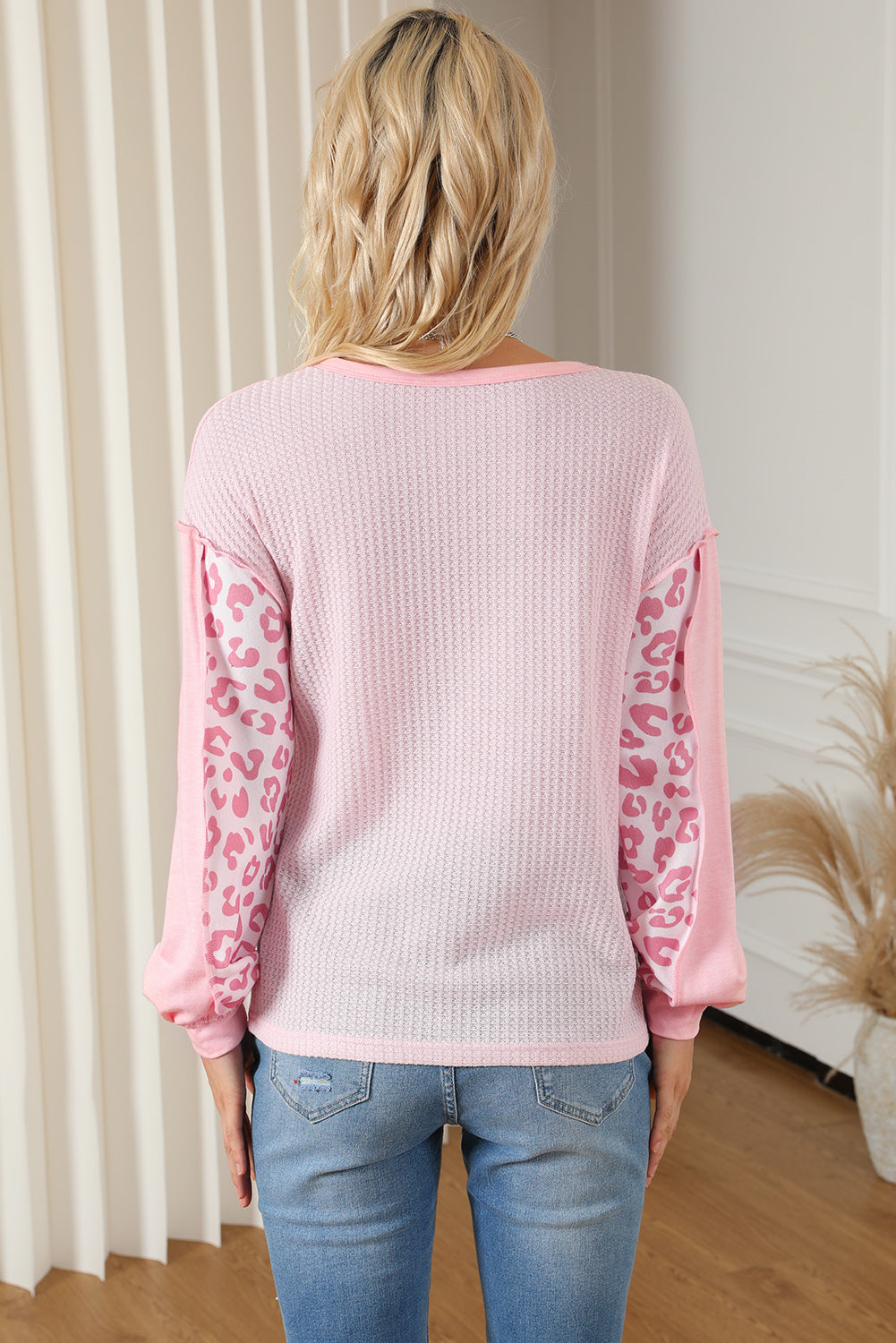 Pink Leopard Patchwork Exposed Seam Waffle Knit Top eAura