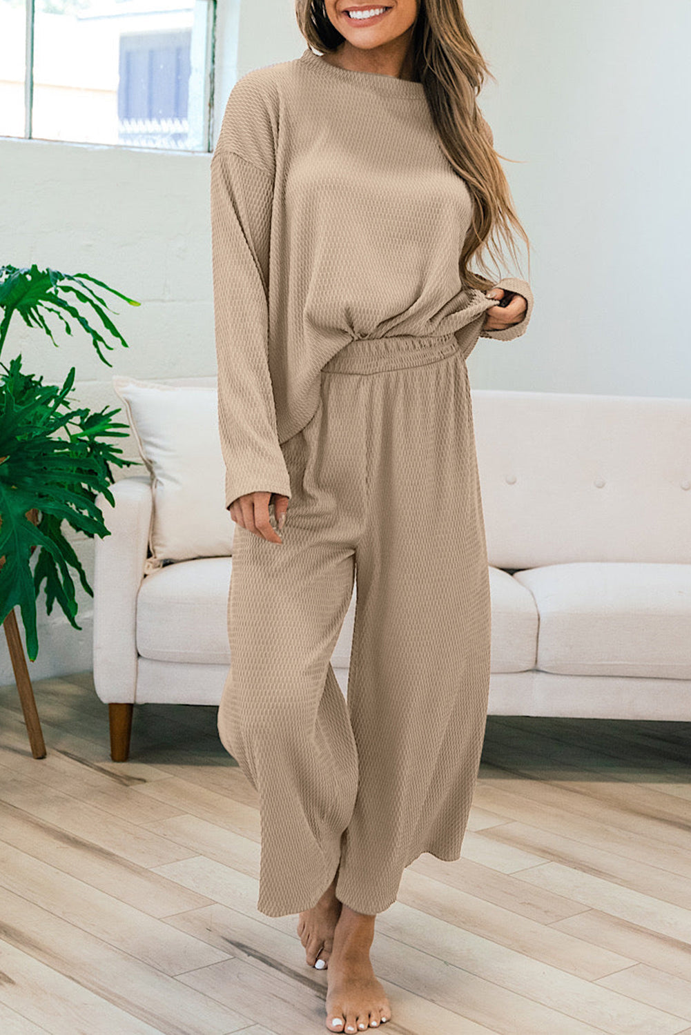 Smoke Grey Loose Textured Pullover and Trousers Outfit eAura