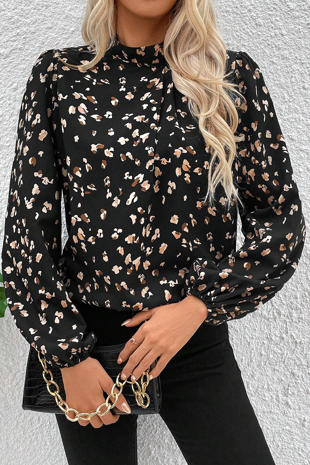 Black Leopard Print Lantern Sleeve Mock Neck Pleated Blouse eAura