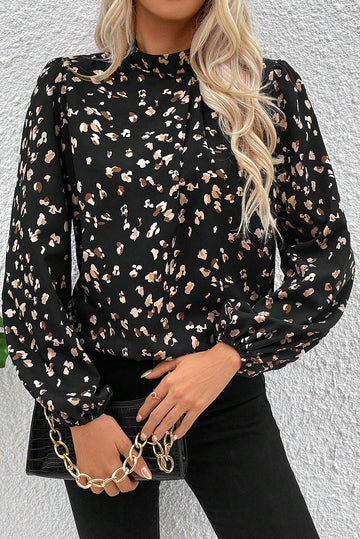 Black Leopard Print Lantern Sleeve Mock Neck Pleated Blouse eAura