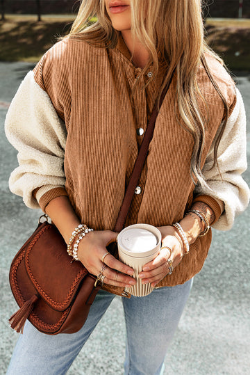 Buckskin Corduroy Fleece Patchwork Buttoned Bomber Jacket eAura