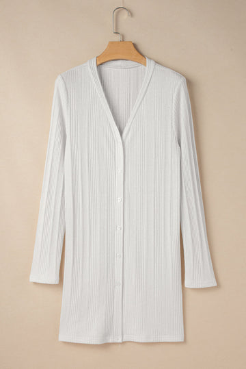 White Solid Colour Ribbed Button up Tunic Cardigan eAura