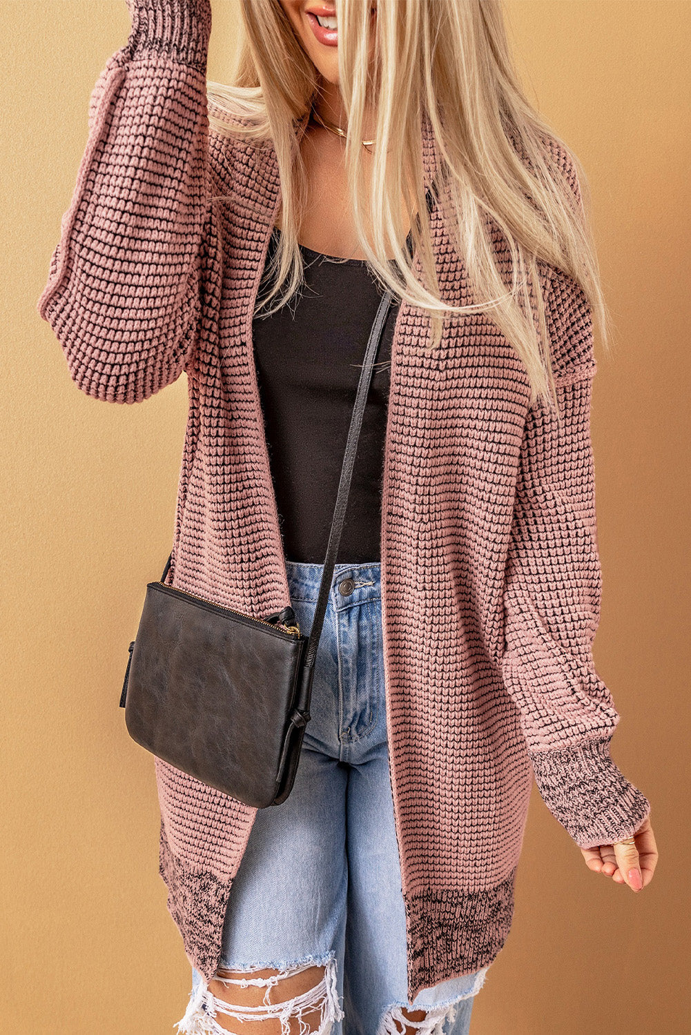 Apricot Plaid Knitted Long Open Front Cardigan eAura