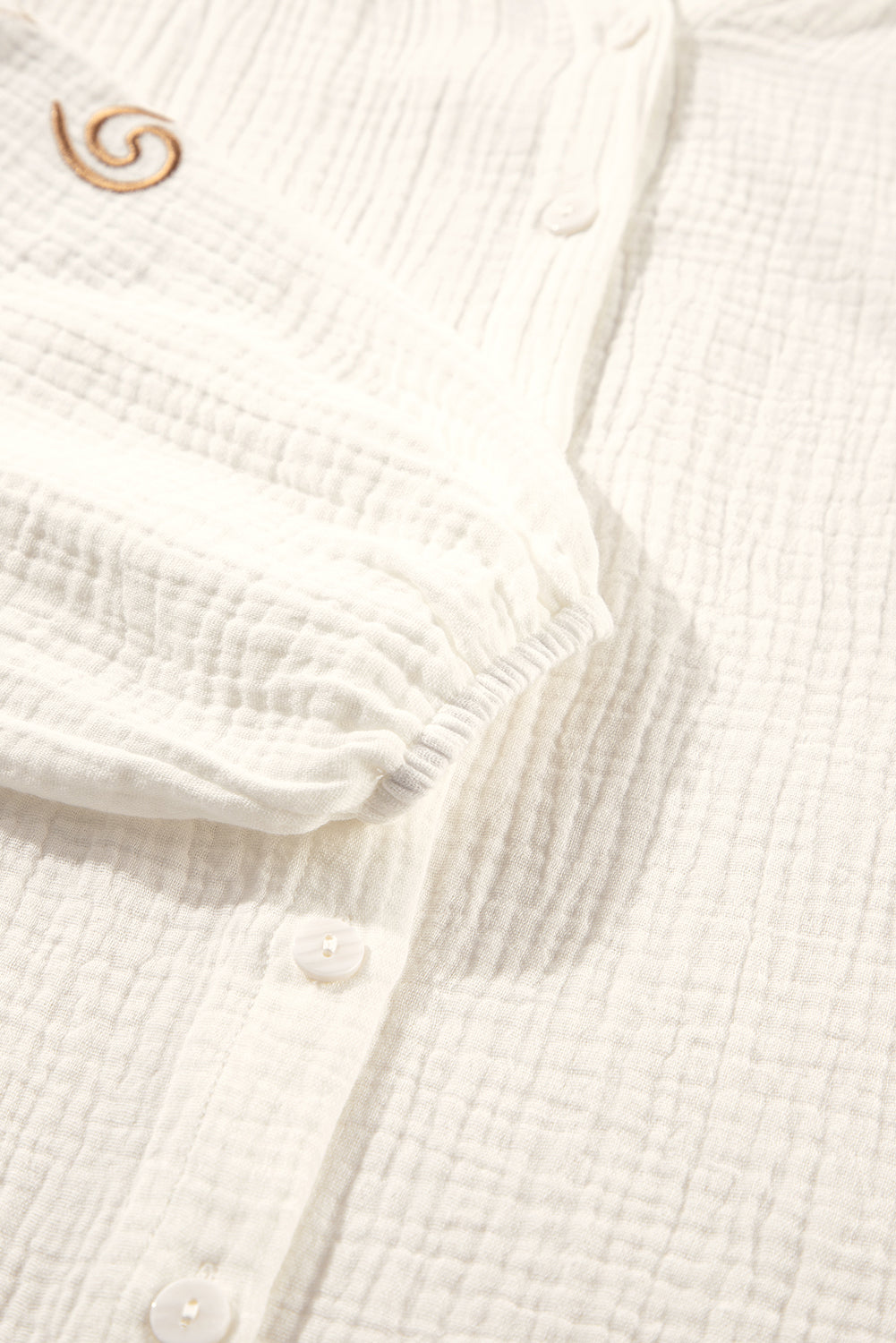 White Embroidered Textured Buttoned Crew Neck Shirt eAura
