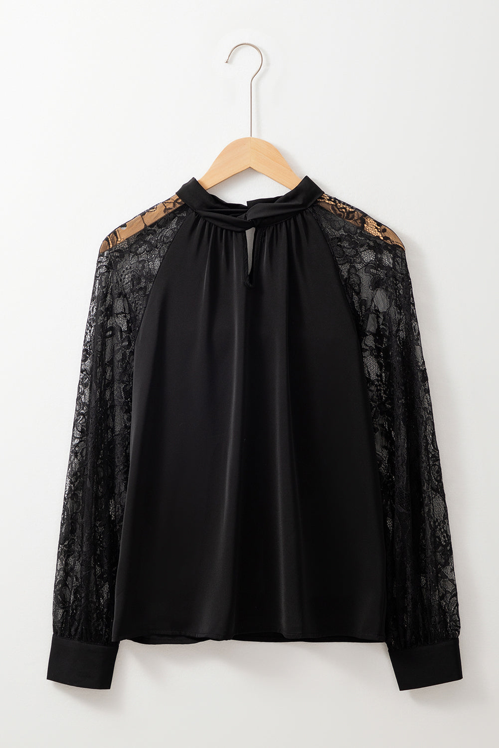 Black Keyhole Neckline Floral Lace Raglan Sleeve Blouse eAura