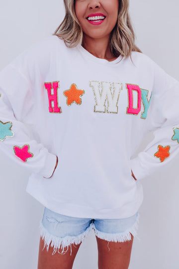 White Howdy Glitter Chenille Patch Graphic Casual Sweatshirt eAura