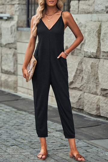 Black Textured Sleeveless V-Neck Pocketed Casual Jumpsuit BB Fashion Outlet