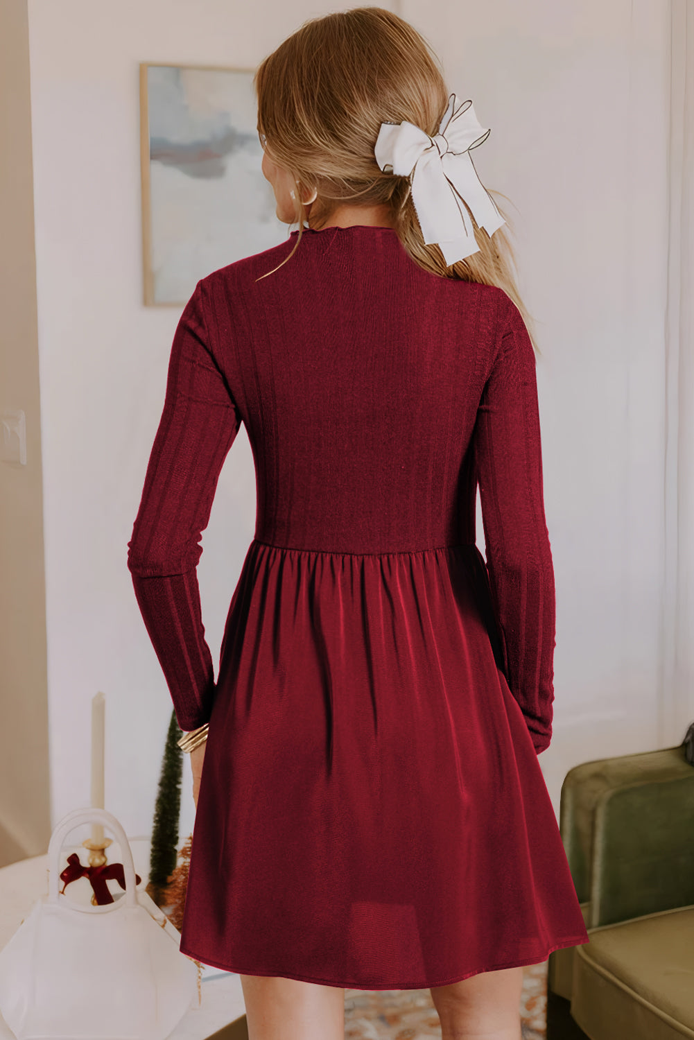 Frilled Neck Ribbed Knit Patchwork Long Sleeve Mini Dress - eAura