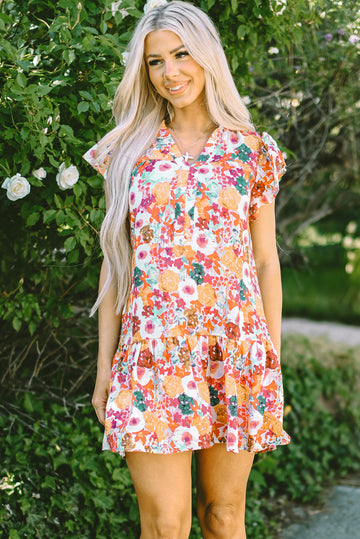 Purple Floral Print Split Neck Flutter Sleeve Dress eAura