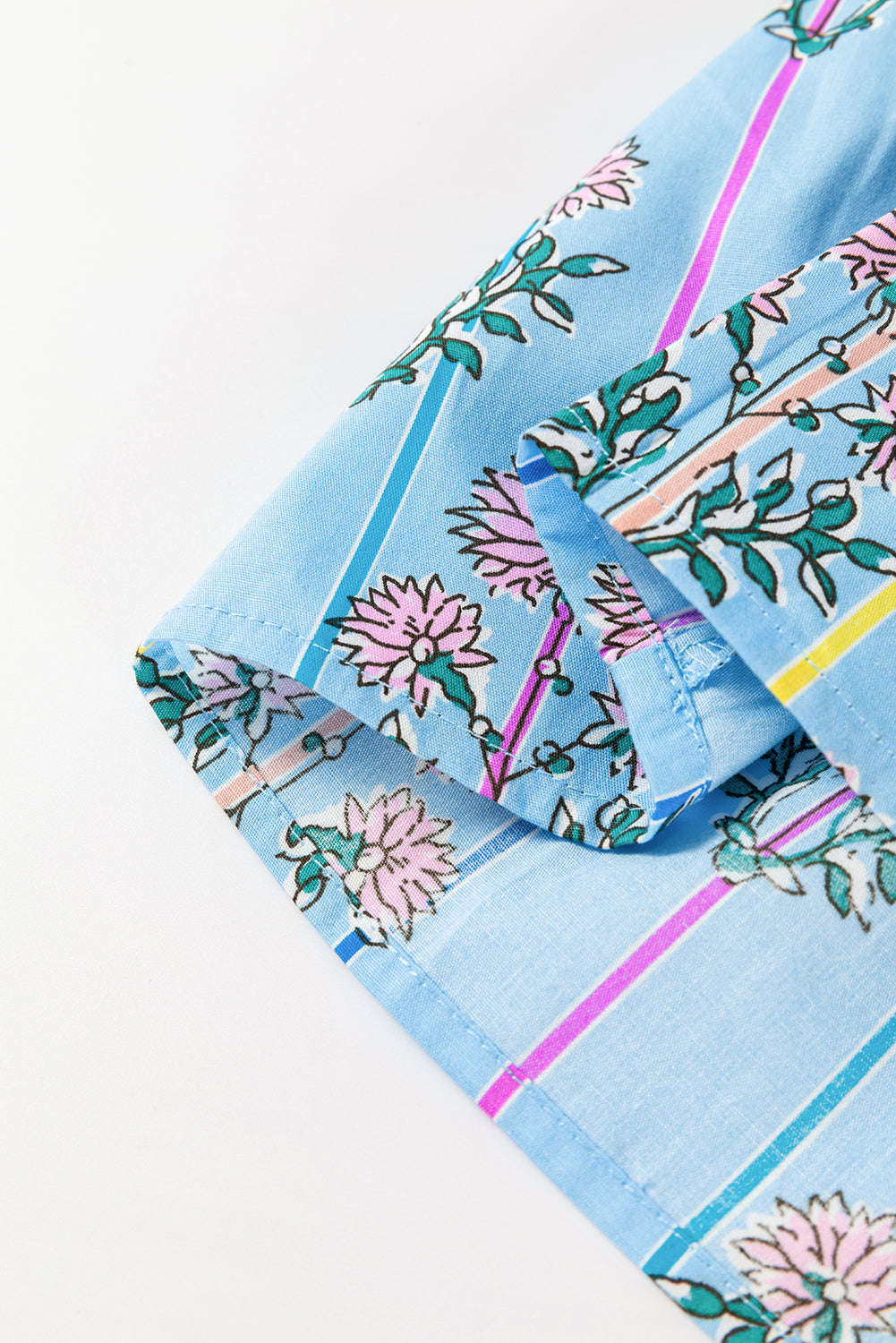 Sky Blue Floral Striped Print Tie Shirred Splie Neck Blouse eAura