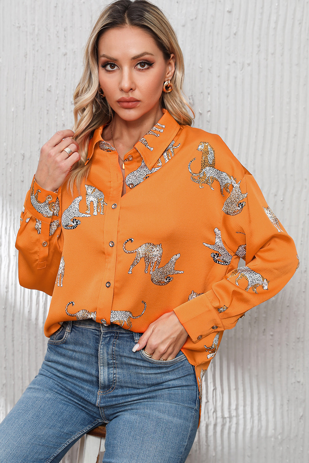 Black Cheetah Animal Print Button Up Satin Shirt eAura