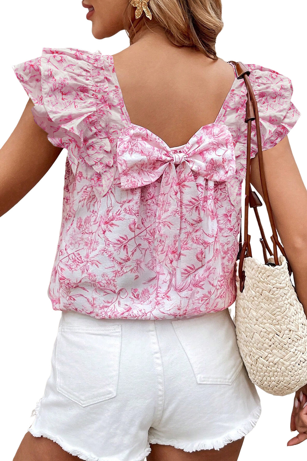 Floral Ruffled Short Sleeve Bow Back Square Neck Blouse eAura