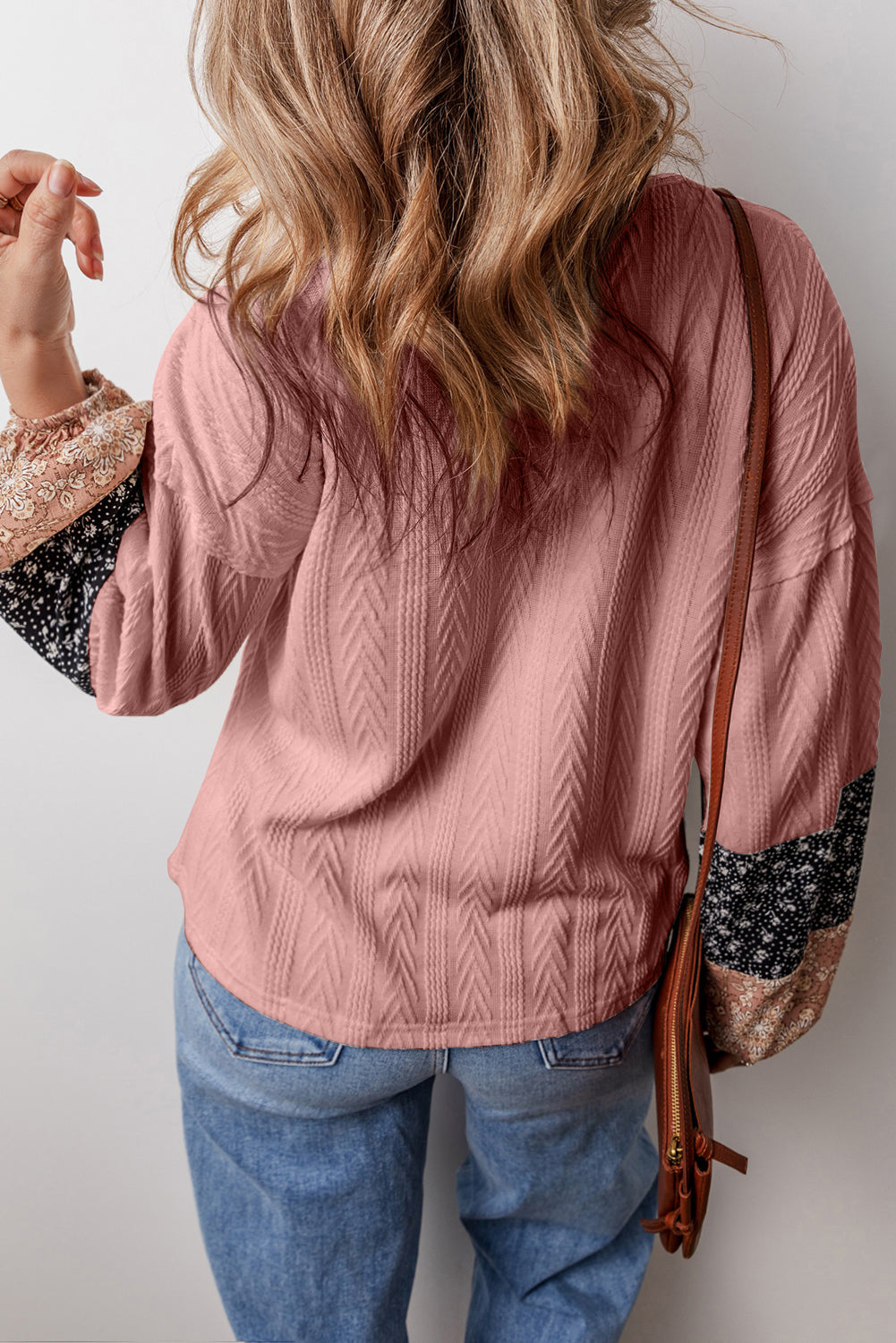 Dusty Pink Floral Patchwork Textured Knit Drawstring V Neck Blouse eAura
