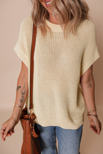 Oatmeal Solid Colour Batwing Short Sleeve Round Neck Knit T Shirt eAura