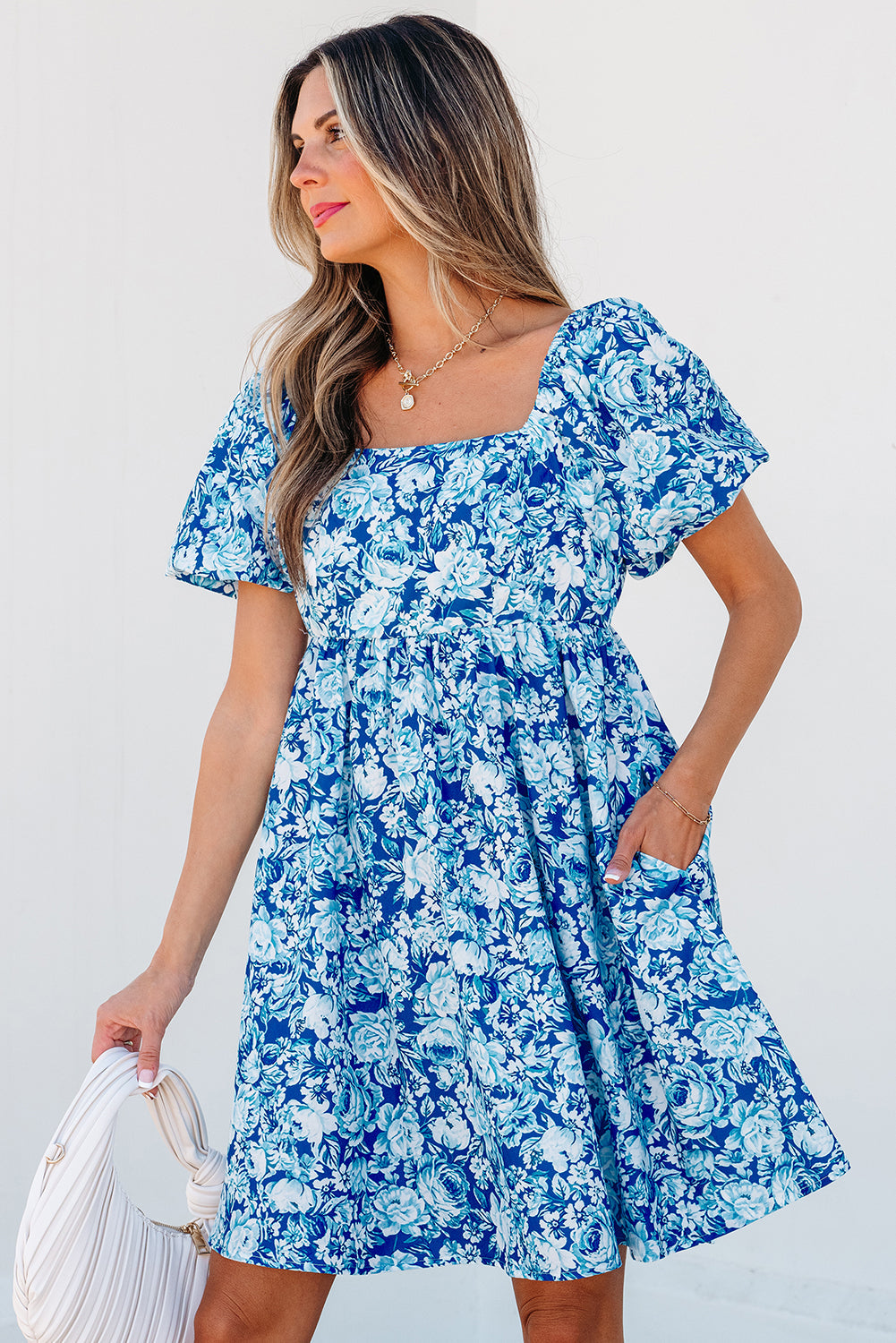 Blue Floral Puff Sleeve Babydoll Mini Dress eAura