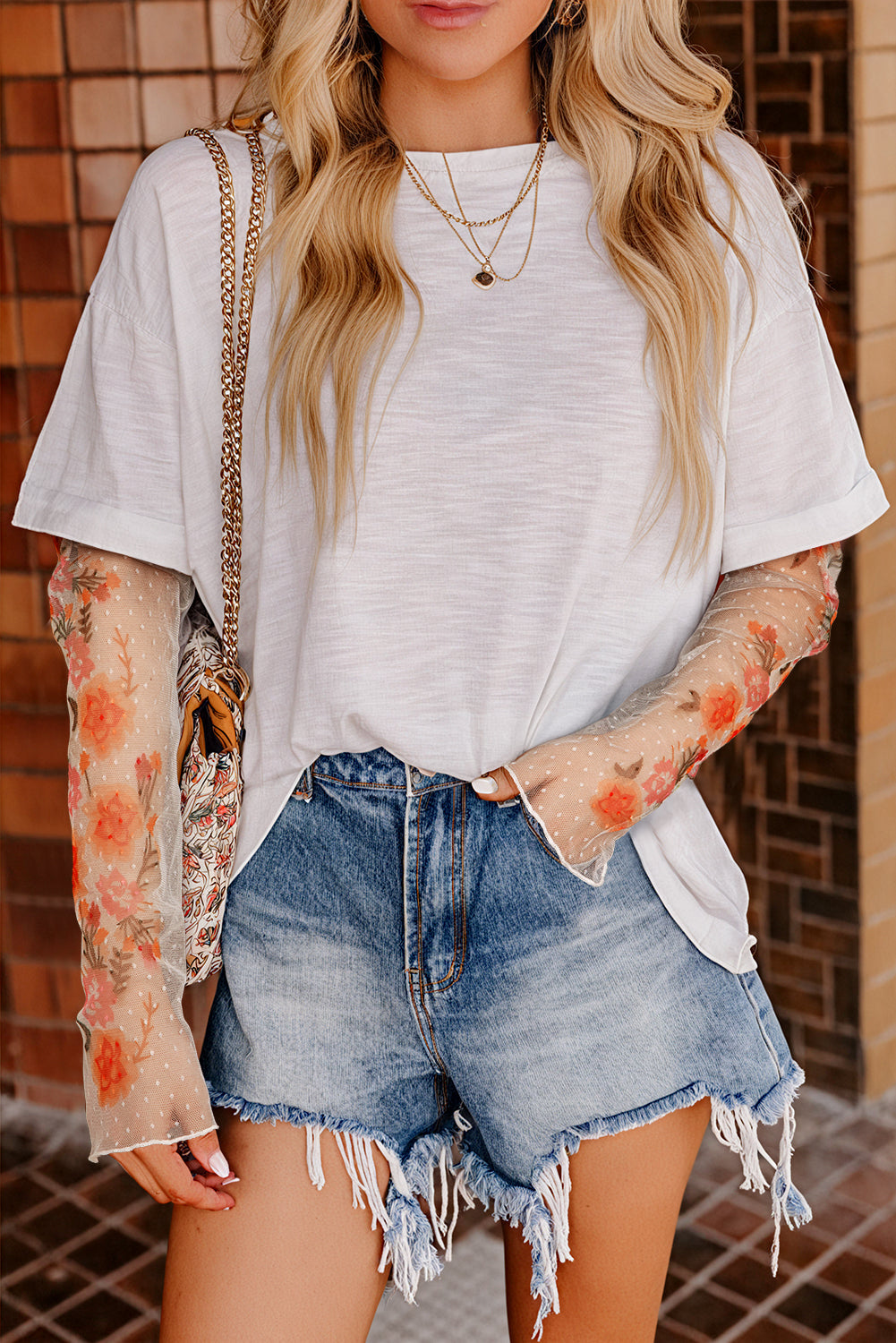 White Faux Two Piece Floral Long Sleeve Patchwork Tee eAura