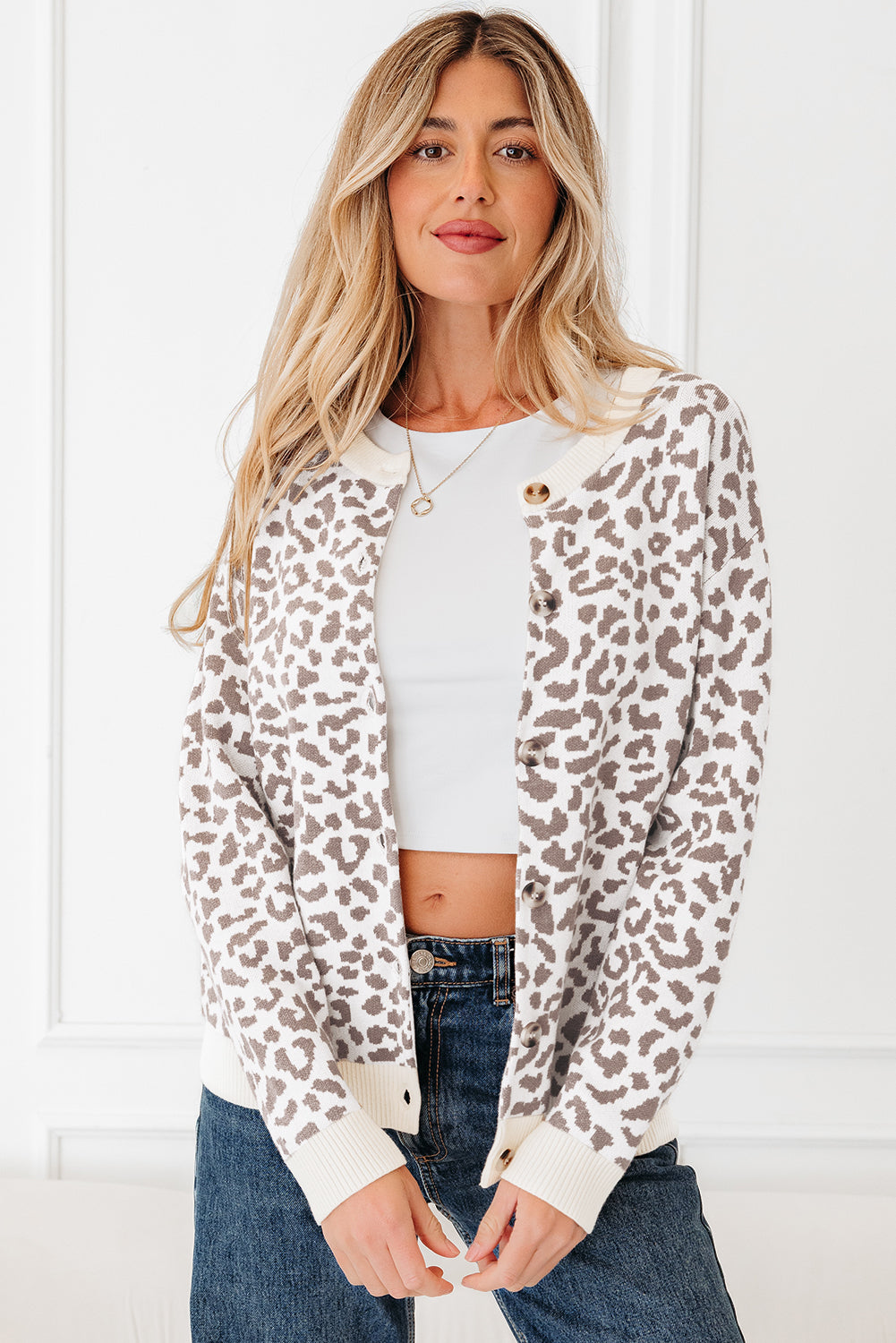 Leopard Print Drop Shoulder Chunky Knit Cardigan - eAura