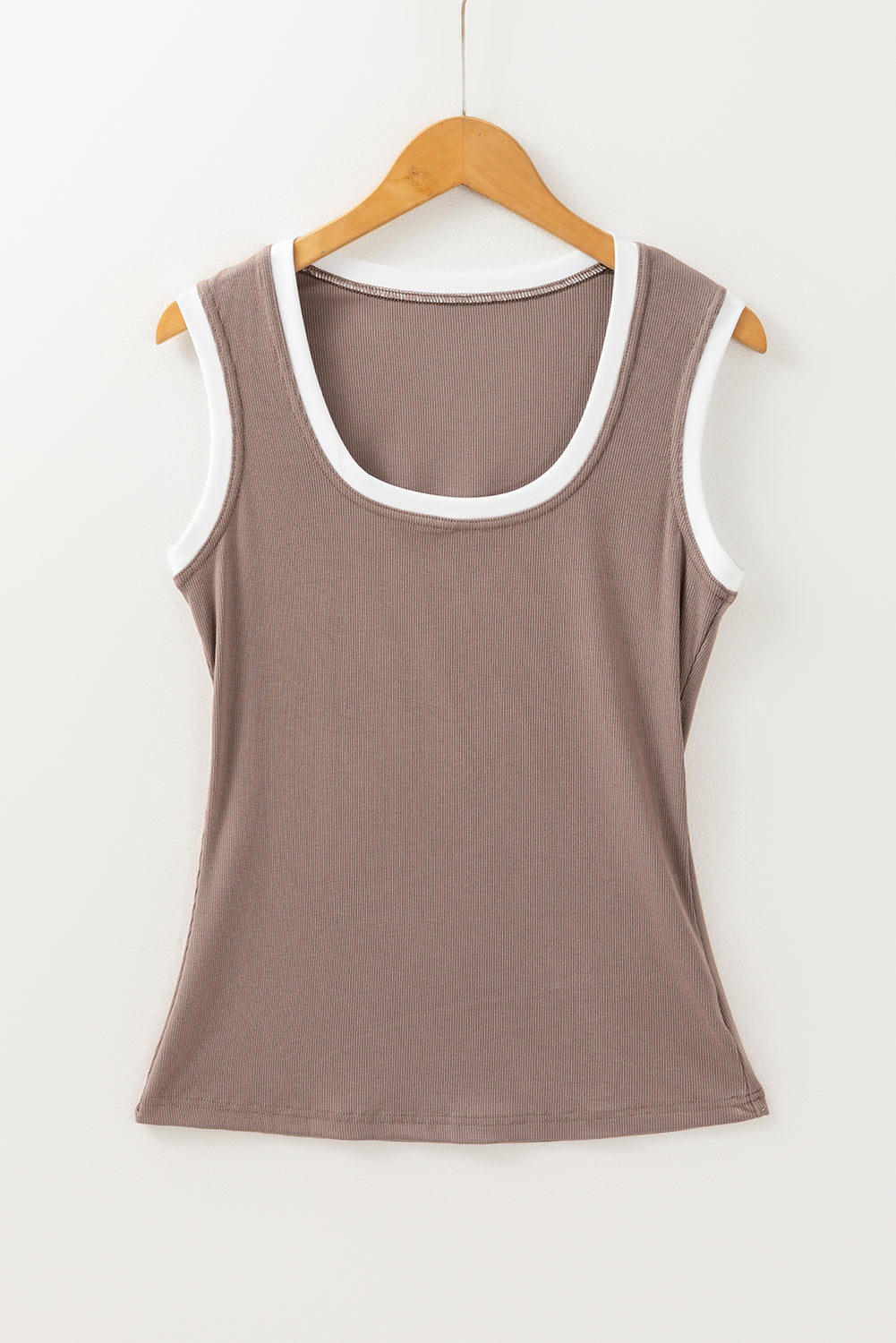Smoke Grey Ribbed Knit Colourblock Edge U Neck Slim Fit Tank Top eAura