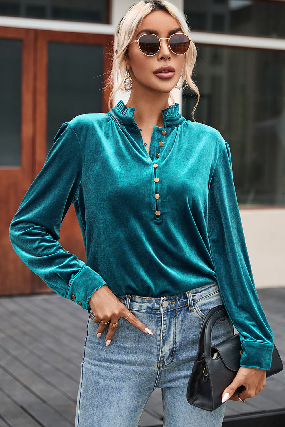 Burgundy Frilled Neck Buttoned Front Velvet Top eAura