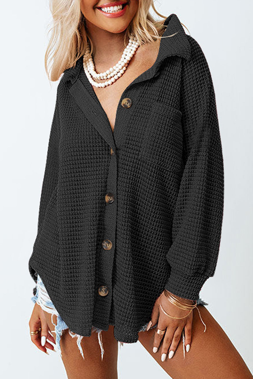 Pink Waffle Knit Button Up Casual Shirt eAura