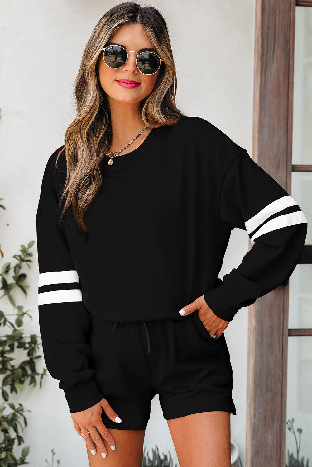 Varsity Striped Sleeve Drop Shoulder Sweatshirt And Shorts Coord Set 